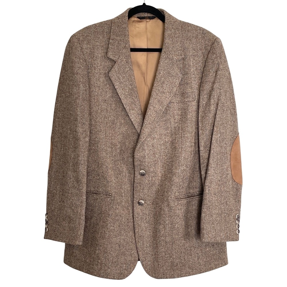 VTG Gallery by Haggar Mens 42L Brown Herringbone Pure Wool Blazer Elbow Patches